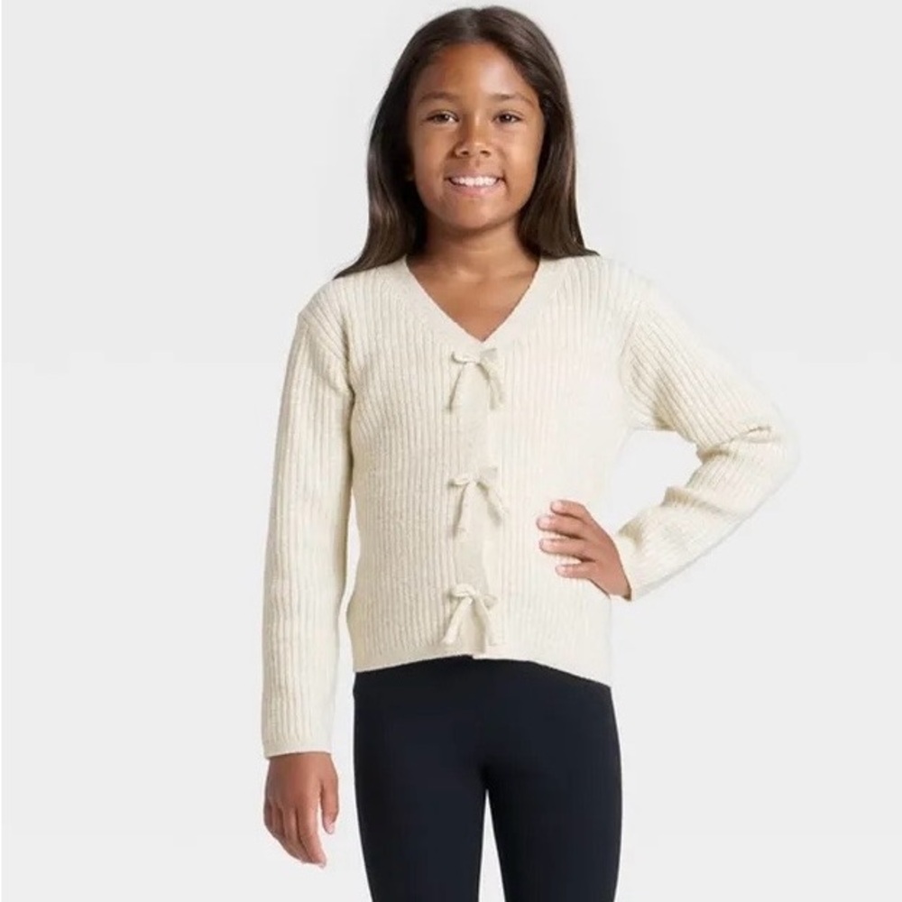 NWT Cat & Jack Girl's Ribbed Bow V-Neck Cardigan- Cream L (10/12) - Picture 1 of 8